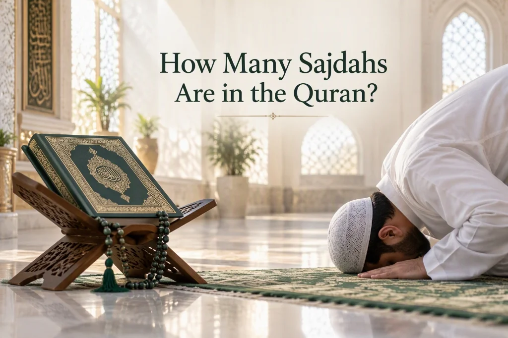 How Many Sajdahs Are in the Quran - Holy Quran on wooden stand with worshipper performing Sajdah in prayer