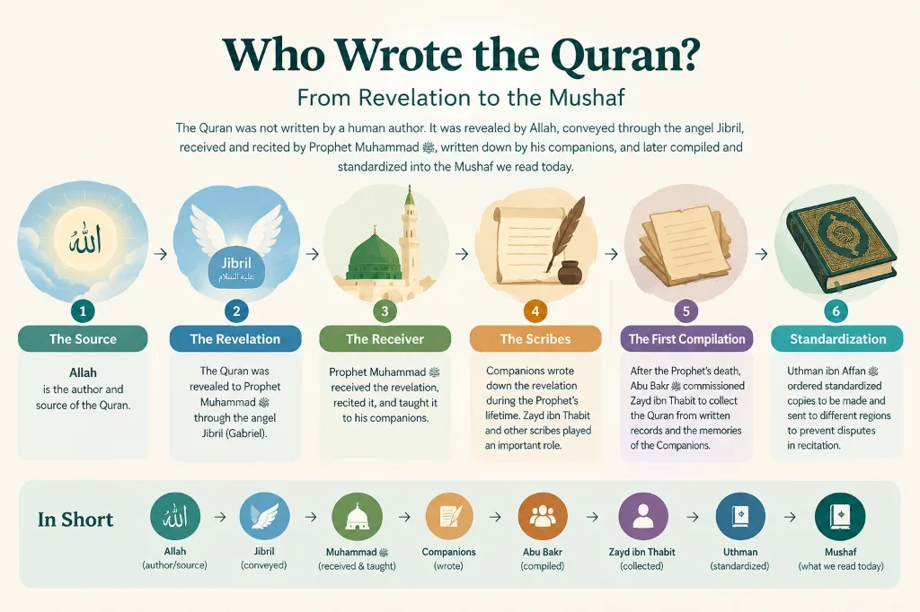 Infographic illustrating who wrote the Quran from revelation to the Mushaf: Allah as author, Jibril as conveyor, Prophet Muhammad as receiver, Companions as scribes, Abu Bakr and Zayd ibn Thabit as compilers, and Uthman as standardizer